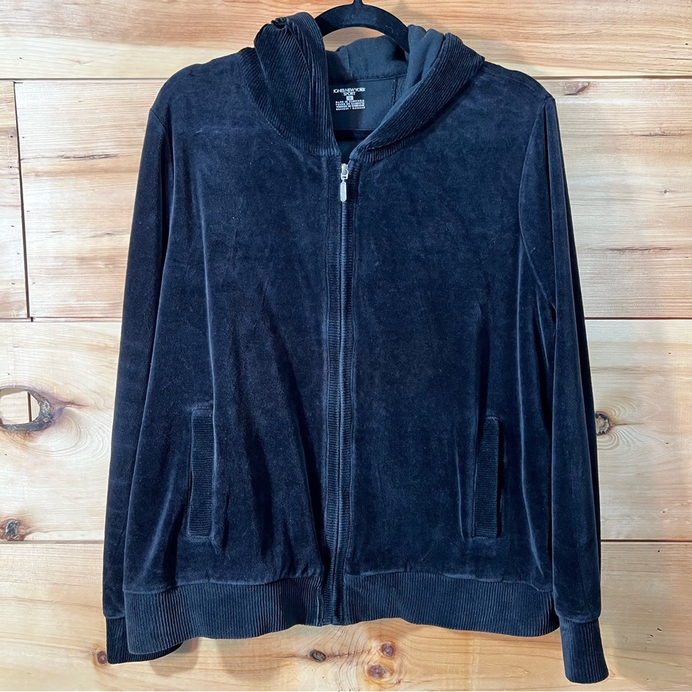 Jones New York Sport Y2K Black Zip-Up Velour Hoodie Jacket Athleisure Old School